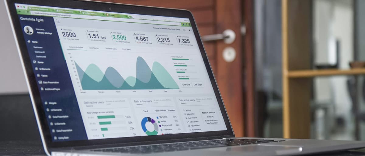 Laptop showing a business analytics dashboard with charts and KPIs